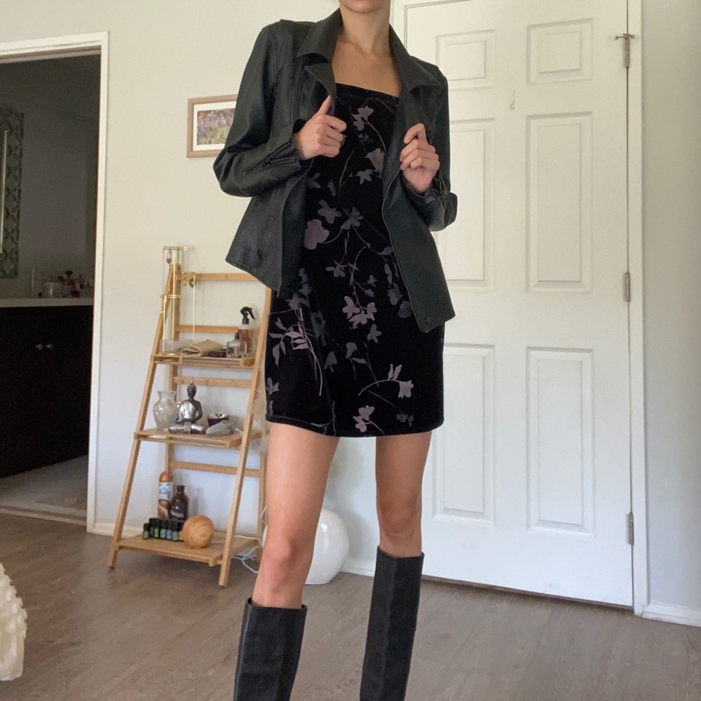 little black velvet dress with purple flower pattern